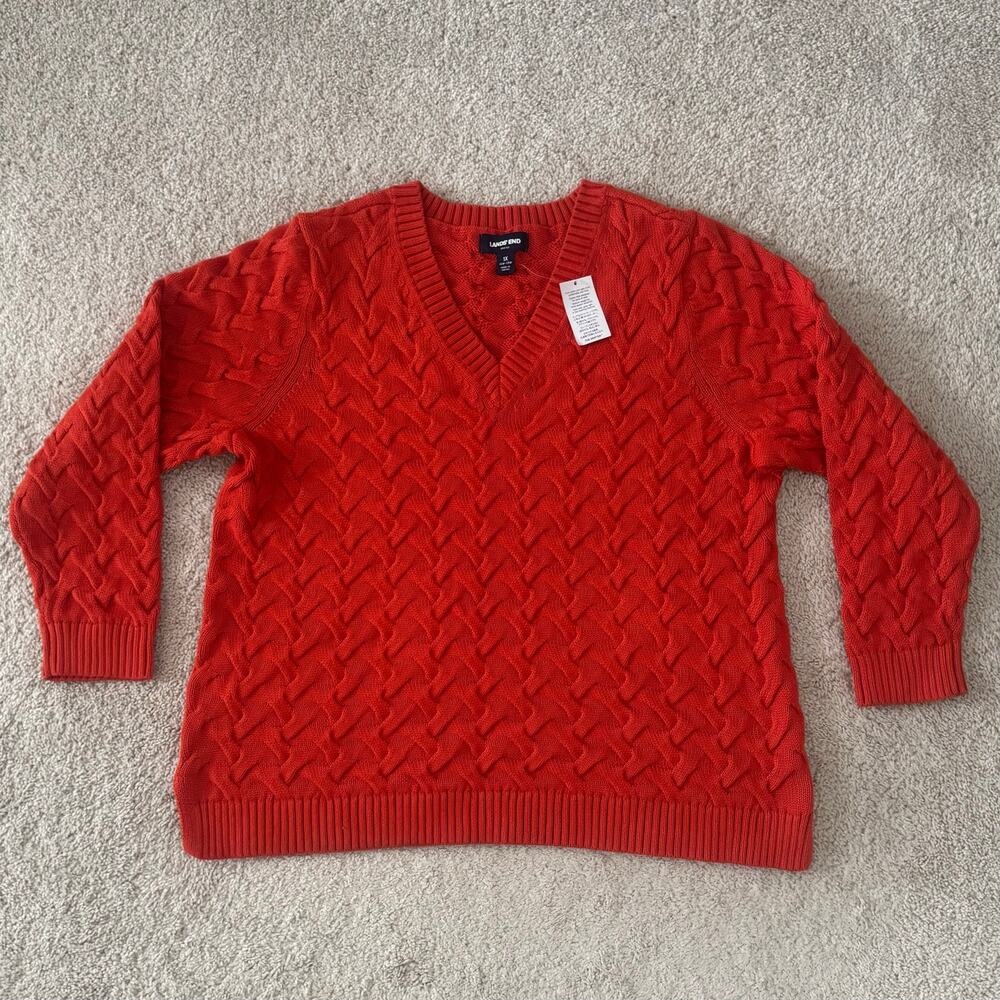 Lands End Drifter VNeck Basketweave Knit Sweater Women 1X 16W-18W Classic Orange